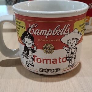Red and White Ceramic Soup Mug with Vintage Illustrations